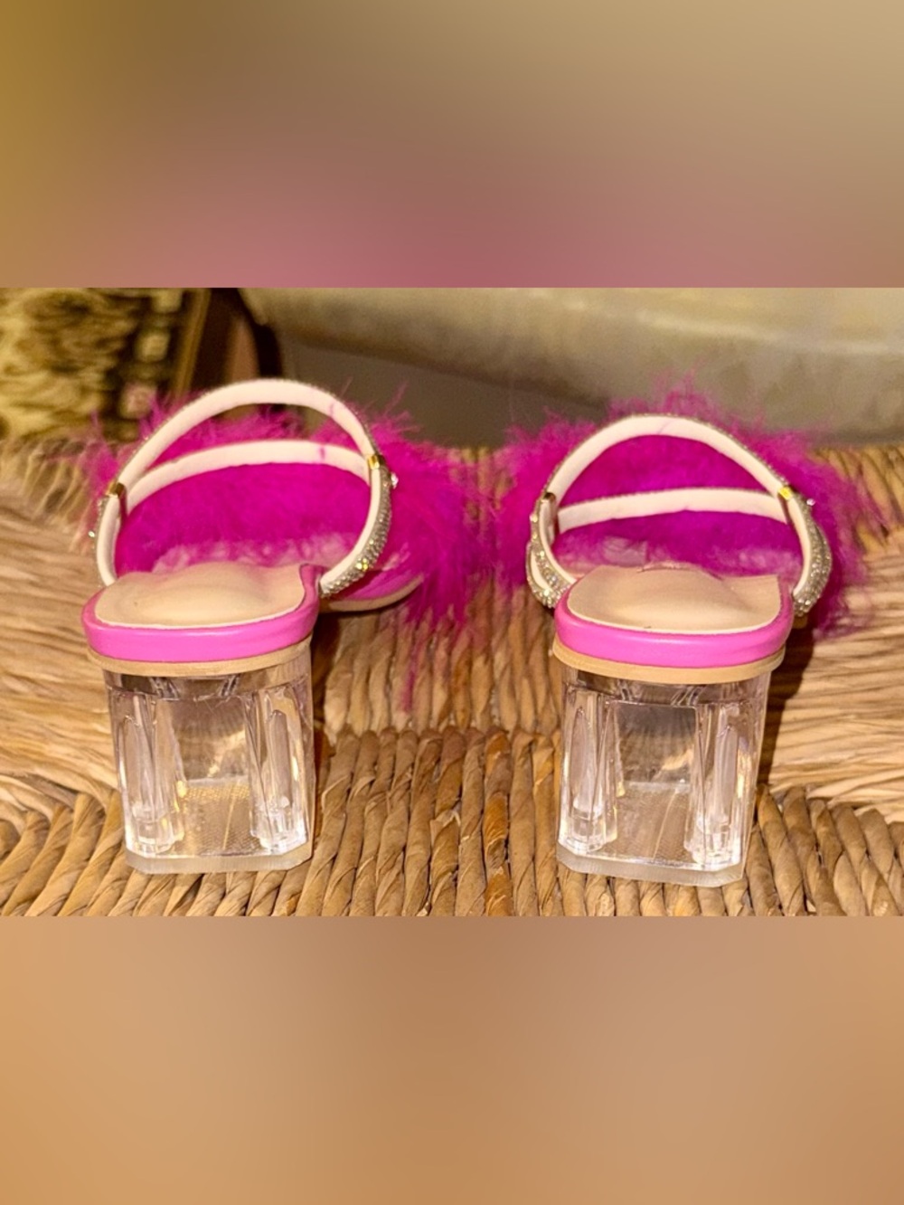 Pre-Loved Hot Pink Feather Slide Mules with Glitter Straps - Picture 4 of 6